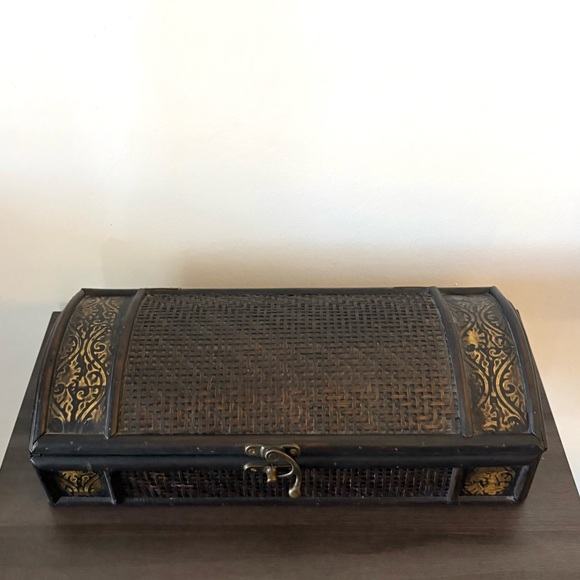 Vintage Wooden Rattan Storage Chest Box Hand Crafted